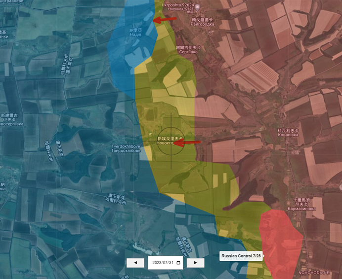 烏軍在 29 日成功將新埃格里夫卡（Novoyehorivka）置於雙方爭奪下。「NOELREPORTS」指出，烏軍已成功驅逐該區的俄軍。 圖：翻攝自map.ukrdailyupdate.com