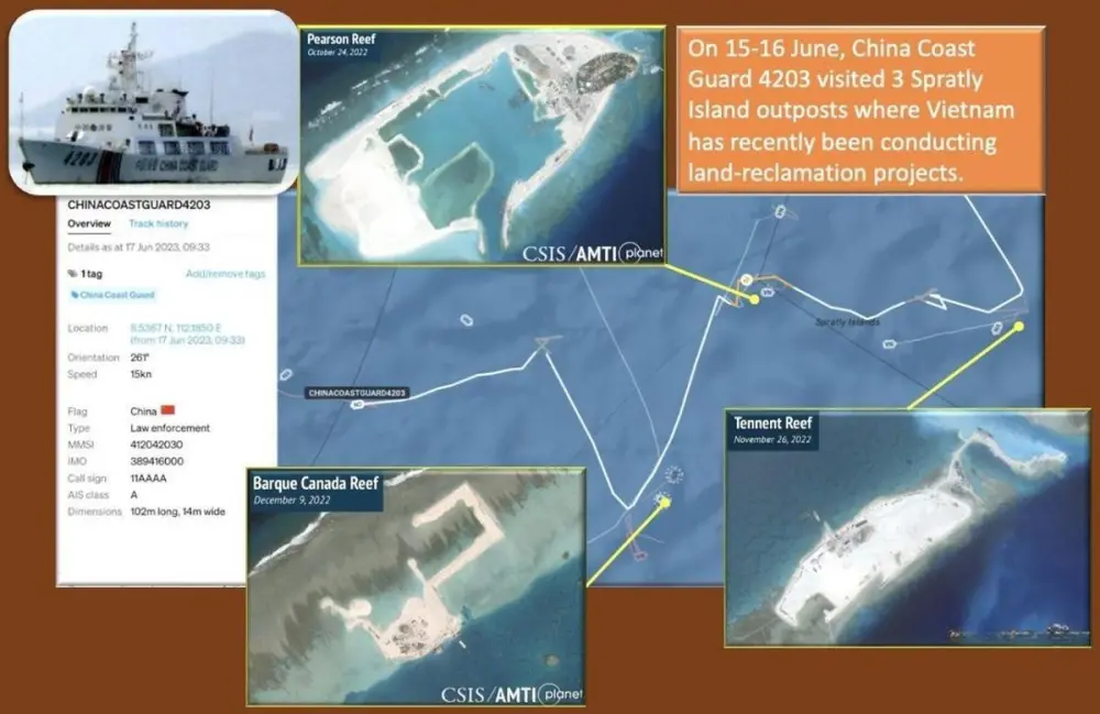 中國曾派遣 3 艘海警船前往南海，觀察越南填海造陸工程。 圖：翻攝自騰訊網／蔣福偉