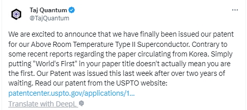 奧蘭多泰吉量子（Taj Quantum）公司於 7 月 30 日於推特發文表示：「我們很高興地宣布我們終於被授予了高於室溫的第二類（第II類）超導體的專利。」 圖：翻攝自推特＠TajQuantum