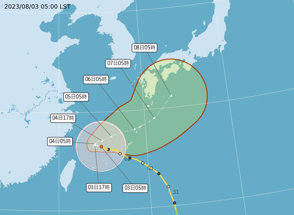 氣象局預估颱風卡努會緩慢向西移動後，3日深夜最靠近台灣。 圖：氣象局提供