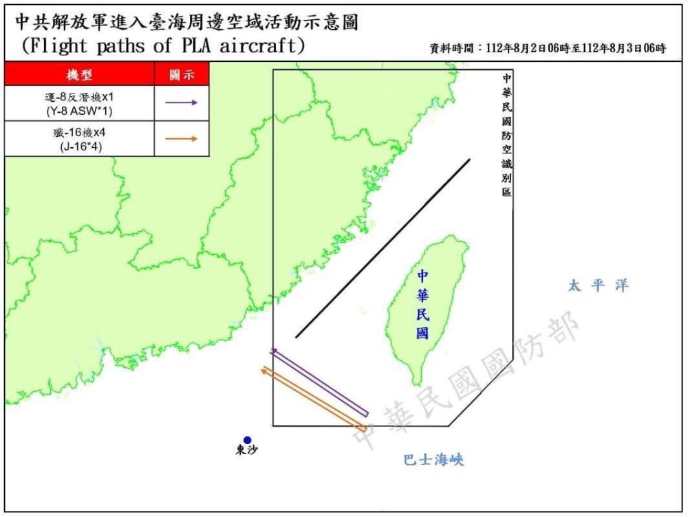 國防部公布中共解放軍進入台海周邊空域活動示意圖。 圖：國防部提供