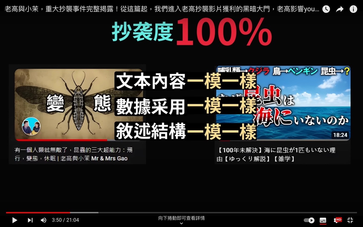藍泉媽媽表示老高抄襲日本YouTuber，文本內容、數據採用、敘述結構都完全一模一樣。 圖：翻攝自藍泉媽媽LQ MAMA YT頻道