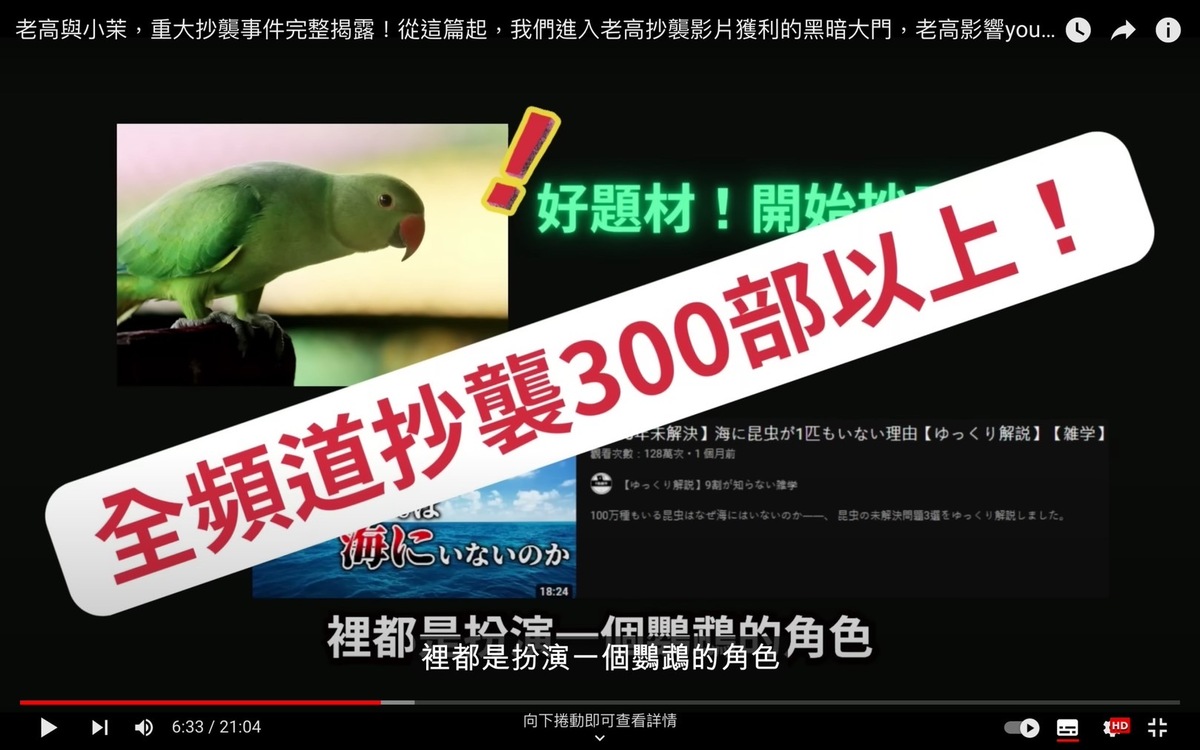 藍泉媽媽表示老高的頻道抄襲了300部以上的影片。 圖：翻攝自YouTube「藍泉媽媽LQ MAMA」