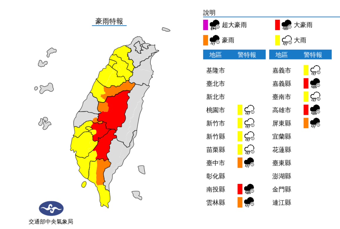 颱風外圍環流及西南風影響，易有短延時強降雨，南投縣山區已有超大豪雨發生，今(5)日南投縣、嘉義縣、高雄市山區有局部豪雨或大豪雨，南投縣、台中市、雲林縣、屏東縣山區有局部大雨或豪雨，桃園至台中及嘉義以南地區有局部大雨發生的機率，請注意雷擊及強陣風，山區慎防坍方、落石、土石流及溪水暴漲。大豪雨地區：南投縣、嘉義縣、高雄市。 圖片來源/氣象局