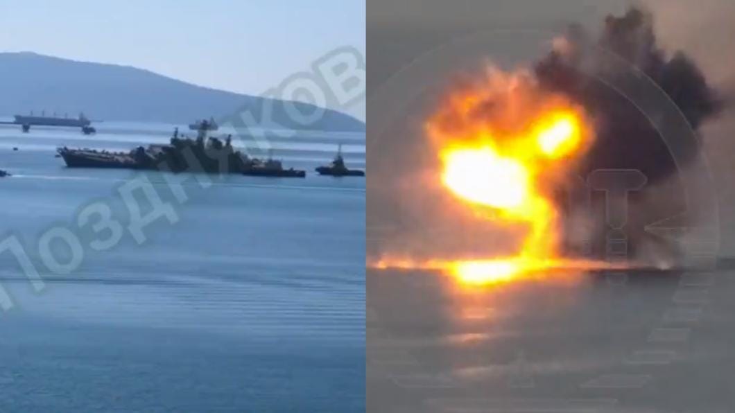 一艘俄羅斯戰艦遭烏克蘭無人艇攻擊，受到嚴重損壞。 圖：翻攝推特