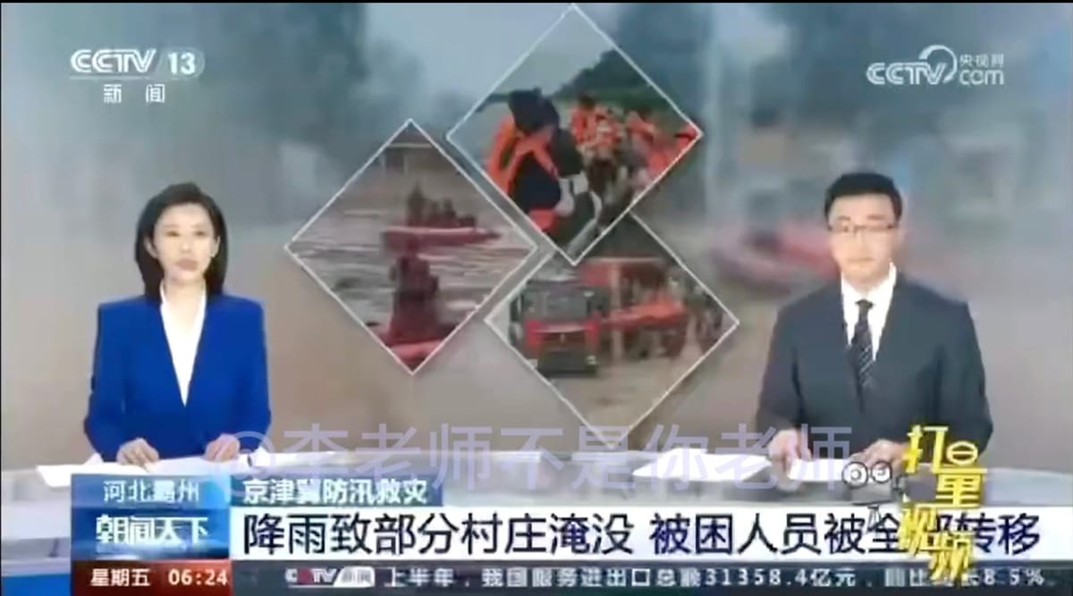 《央視》稱霸州當地水淹成災原因是因暴雨而非洩洪，點燃民眾怒火。 圖：翻攝自推特@whyyoutouzhele