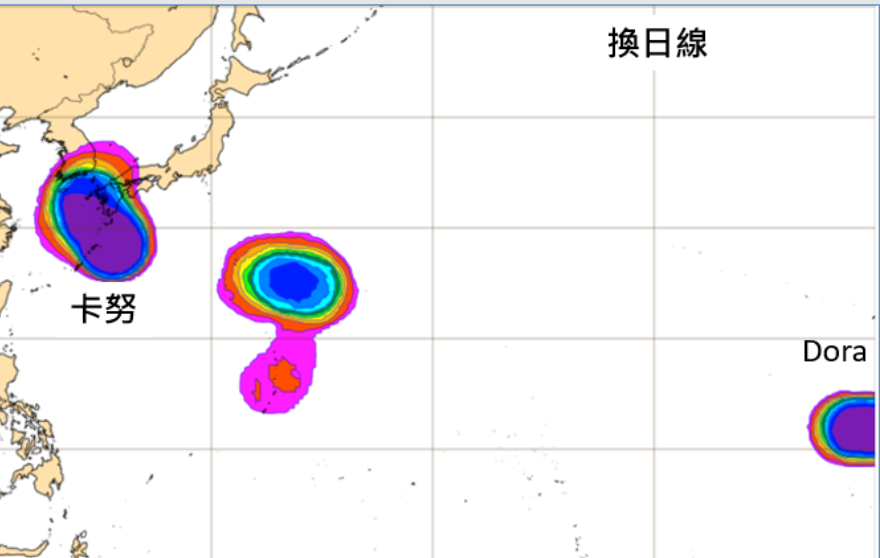 6日20時歐洲(ECMWF)系集模式，模擬9日20時在日本東南方海面有第7號颱風「蘭恩」，其生成的機率已高達80％；另外，「東太平洋」第5號熱帶系統「Dora」在夏威夷西南方海面。 圖：翻攝自老大洩天機專欄