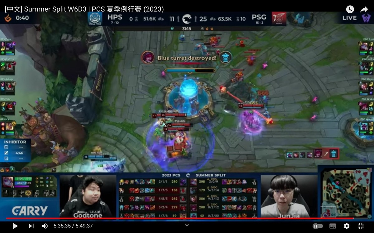 地獄豬遇上本季王者「PSG」，對戰數回後仍遺憾落敗。 圖：翻攝自LoL Pacific Championship Series YT頻道