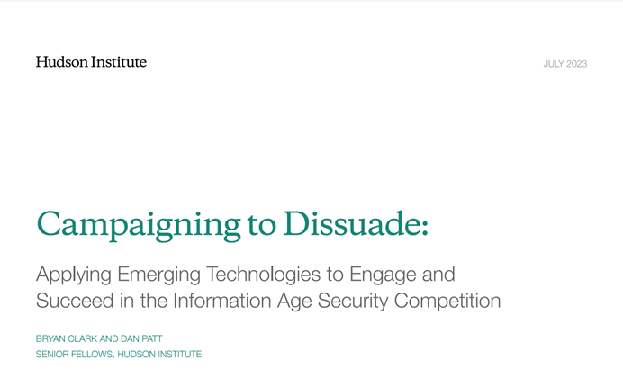 哈德遜研究所（Hudson Institute）日前曾發布一份題為《行動以嚇阻》（Campaigning to Dissuade）的文章，指出美國應嘗試系統性的理解中國的想法，並轉化為對自身有利的情報。 圖：翻攝自哈德遜研究所官網
