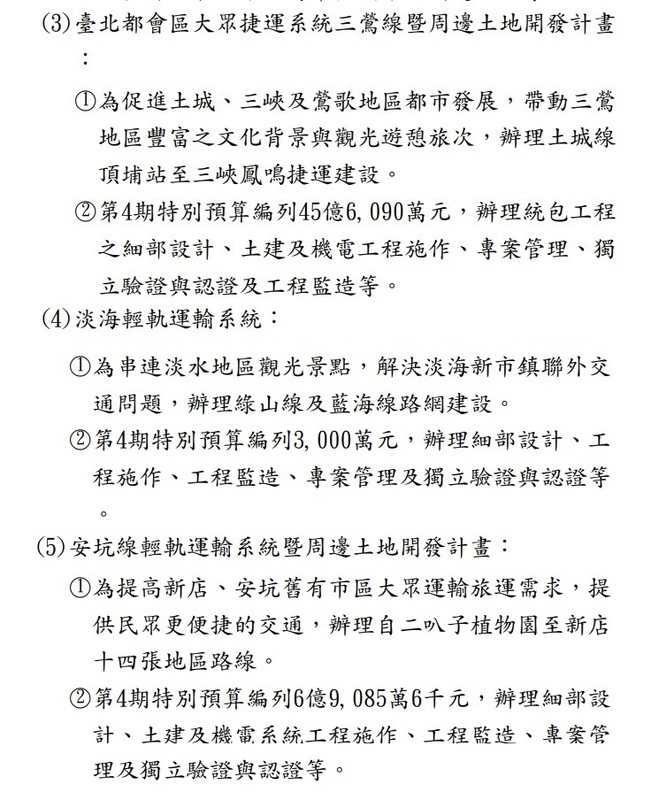 侯友宜曾說新北市最欠缺的是軌道建設，但根據前瞻基礎建設計畫第 4 期特別預算案（112 年度至113 年度）審查報告，有3項關於新北市的建設。 圖：翻攝自行政院主計處