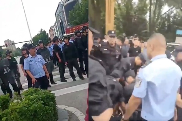 河北霸州（左）、定興縣（右）災民抗議討公道，卻遭到中共警察暴力鎮壓。 圖：翻攝推特