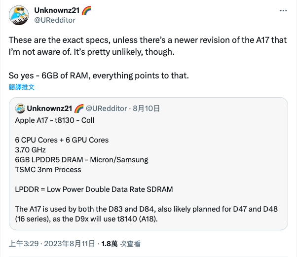 @URedditor在推特上發文表示，iPhone 15 Pro系列仍將維持6GB記憶體。 圖：取自@URedditor的推特