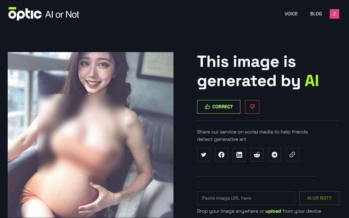 PTT紅人「小妹哥」公布懷孕照，檢測結果為AI製圖。 圖：翻攝Optic AI or Not網頁