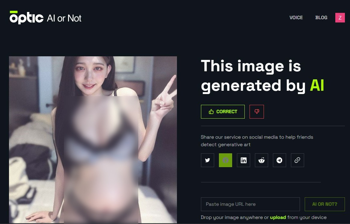 PTT紅人「小妹哥」公布懷孕照，檢測結果為AI製圖。 圖：翻攝Optic AI or Not網頁