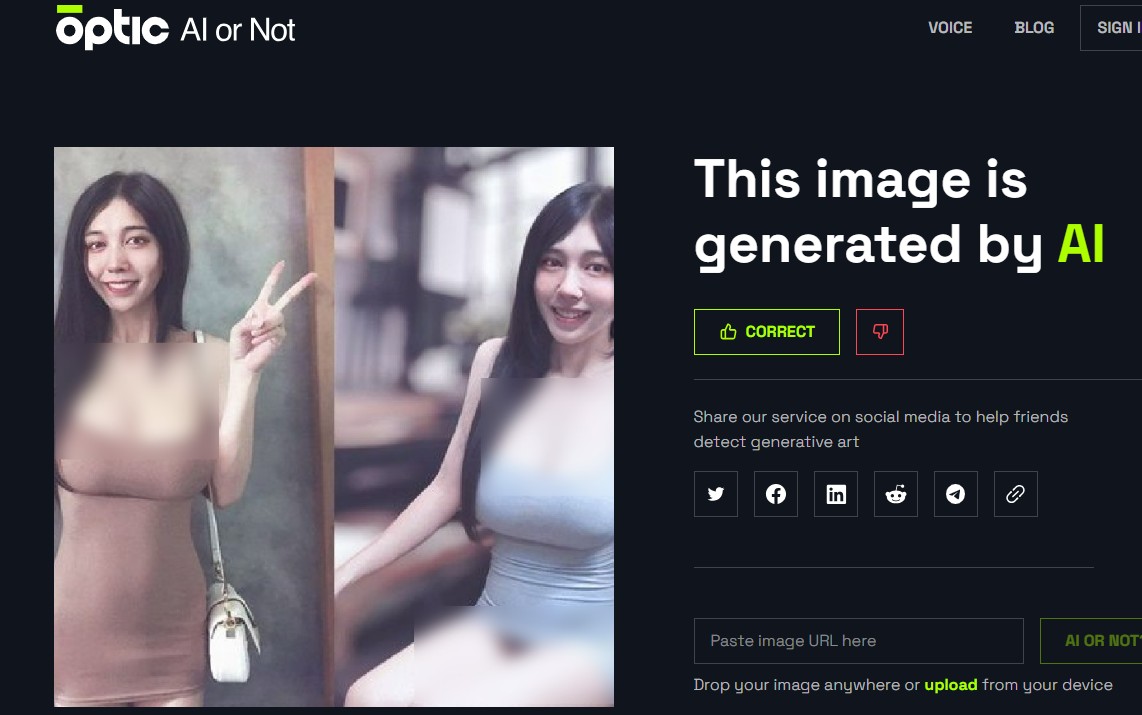 PTT紅人「小妹哥」的其他照片檢測結果也為AI製圖。 圖：翻攝Optic AI or Not網頁