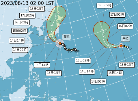 中颱蘭恩向西北轉北大迴轉，明天、週二侵襲日本本州、四國；中颱朵拉強度也逐漸減弱中，無侵台疑慮。 圖片來源/中央氣象局