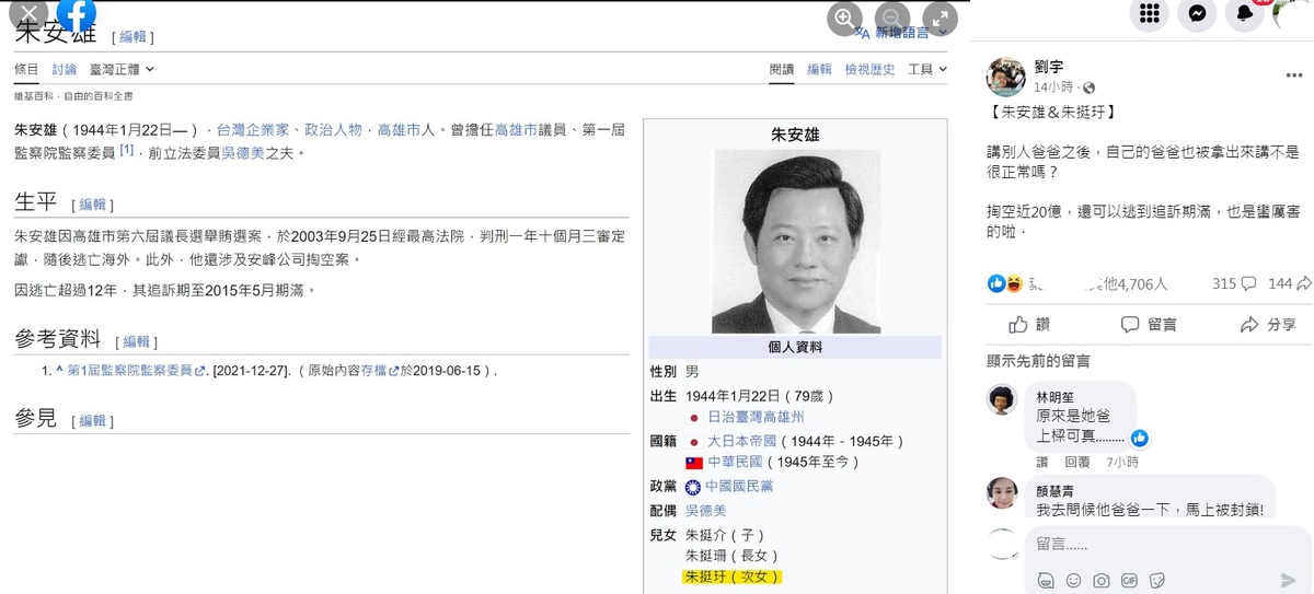 高雄市前議員朱挺玗自己的父親朱安雄（圖）有掏空20億元的黑歷史，還被法院判刑後潛逃，直至追訴期滿。 圖：翻攝自劉宇臉書