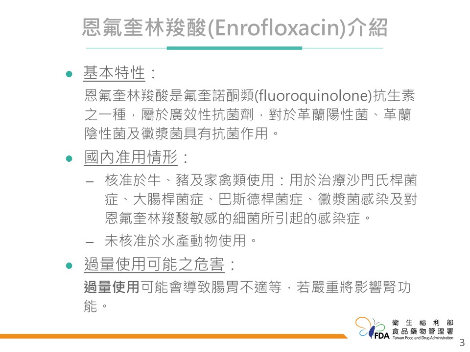 Enrofloxacin是一種氟奎諾酮類（fluoroquinolone）抗生素，國內並未核准於水產動物使用，因其過量使用可能會造成腸胃不適等症狀，嚴重者還可能影響腎功能。 圖：食藥署/提供