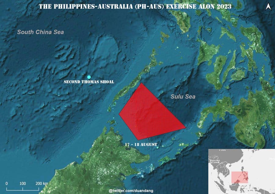菲澳「阿隆2023」(PH-Aus Exercise Alon 2023)兩棲聯合軍演，8月17、18日在蘇祿海(Sulu Sea)演習。 圖：翻攝@duandang推特