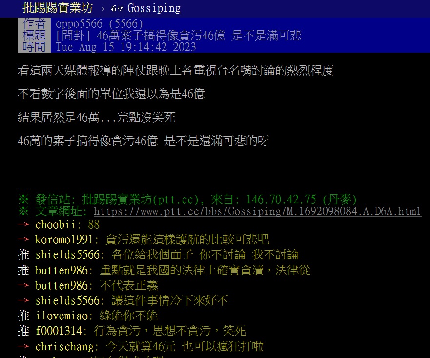 高虹安涉貪案熱議，代號「oppo5566（5566）」鄉民15日晚間在ptt表示，「差點沒笑死 46萬的案子搞得像貪污46億 是不是還滿可悲的呀」，引發論戰。 圖：翻攝自ptt