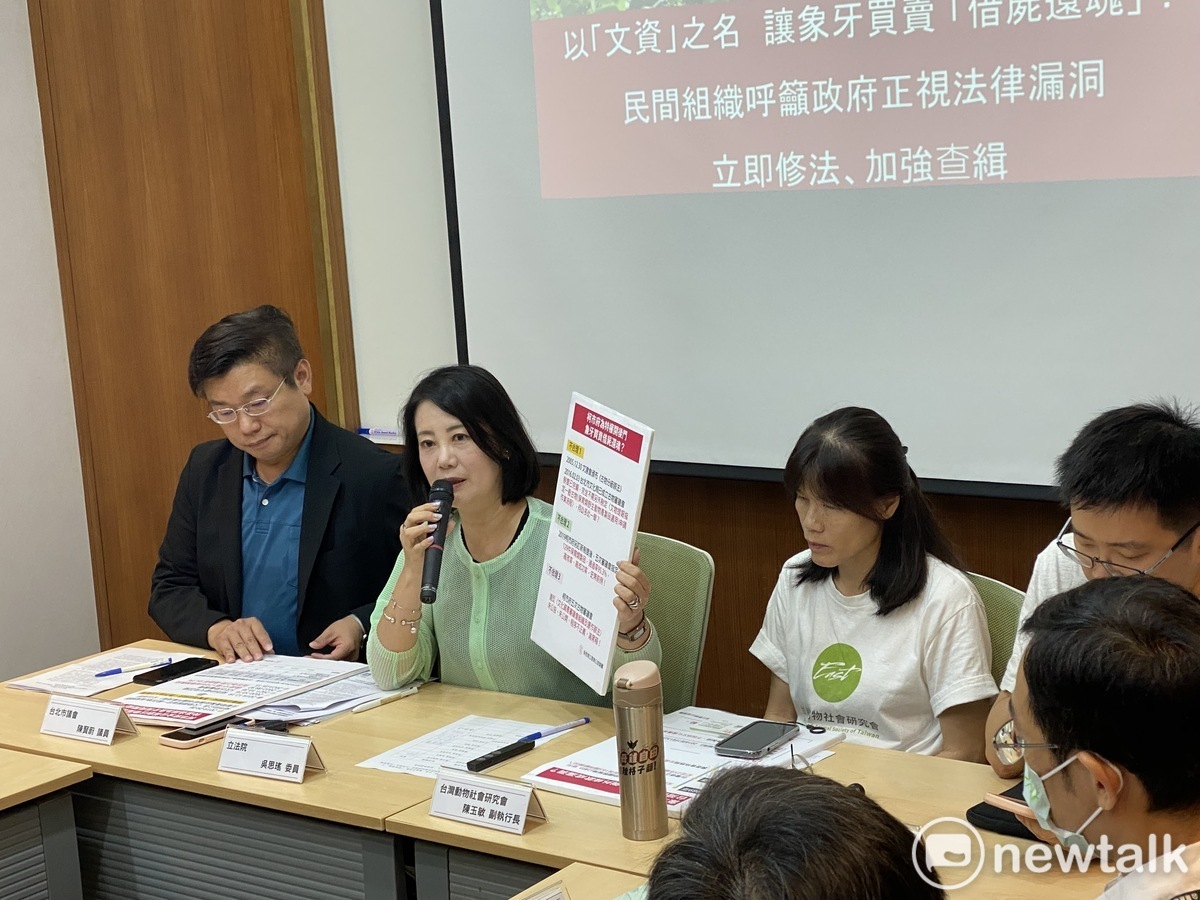 民進黨立委吳思瑤、民進黨市議員陳賢蔚上午陪同動保團體召開「柯市府以文資之名，大開象牙買賣後門」記者會。 圖：周煊惠 / 攝