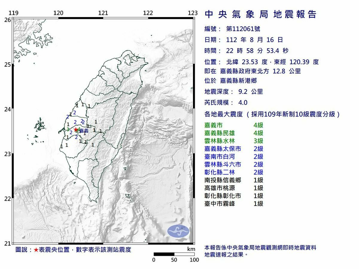 嘉義16日深夜10點58分發生芮氏規模4.0地震，地震深度僅9.2公里屬極淺層地震。 圖：翻攝自中央氣象局官網