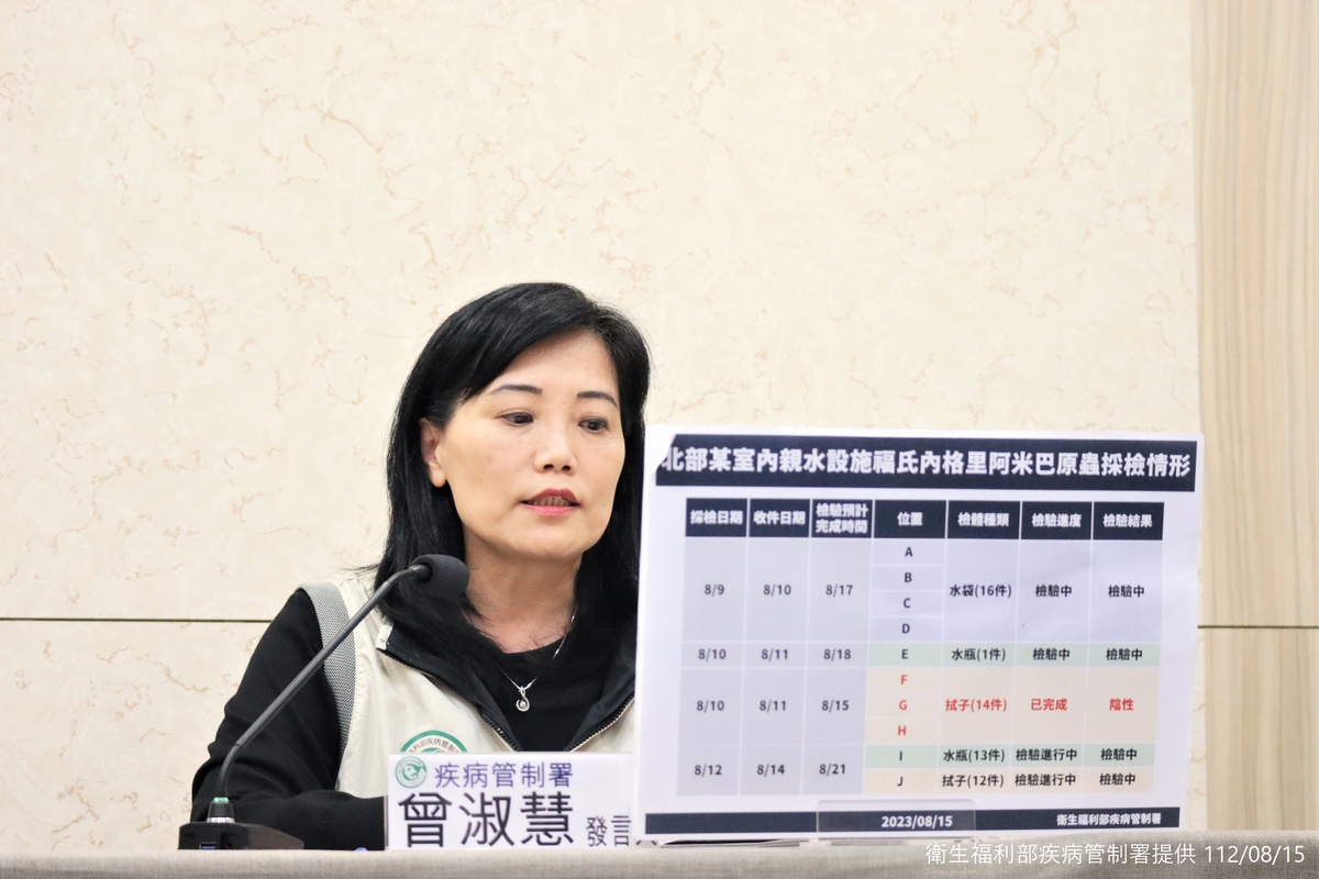 疾管署發言人曾淑慧表示，已經對該設施進行了３次水質和環境採檢，共計56件檢體。今公布第2次檢驗結果。 圖：疾管署／提供