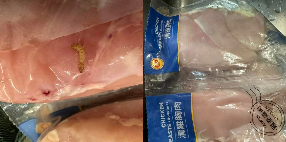 一名消費者在臉書社團「Costco好市多 商品經驗老實說」貼文，表示買了一盒雞胸肉後竟然發現肉片上有蟲。 圖：翻攝自「Costco好市多 商品經驗老實說」