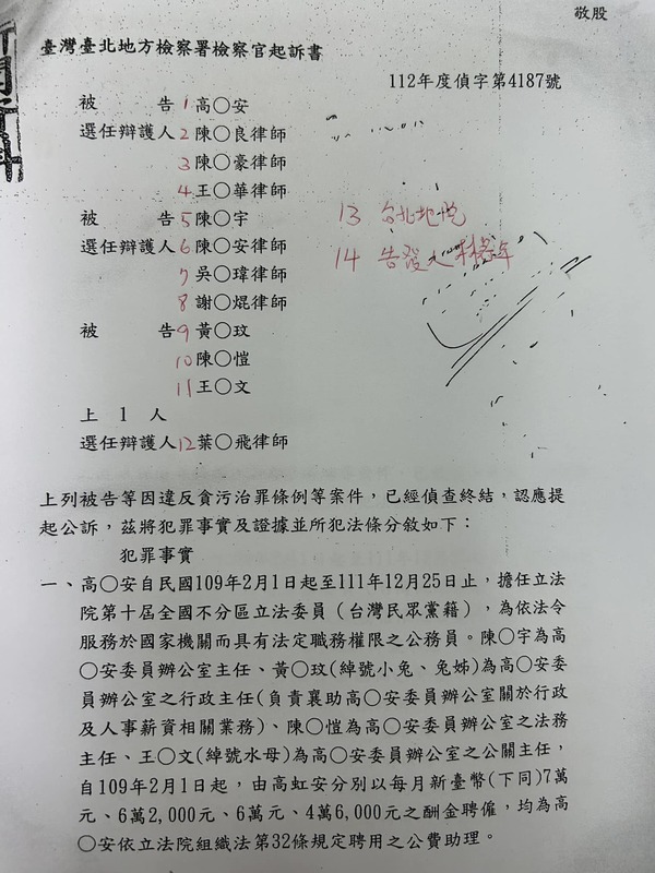 黃帝穎指出，至少13人有完整版起訴書。 圖：取自黃帝穎臉書