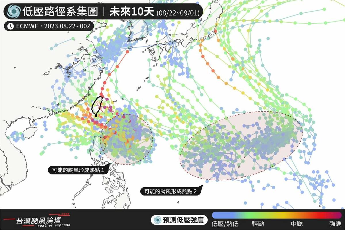 下星期開始西太平洋將進入今年颱風季的下半場，目前可以看到周邊海域有2個成颱熱點。 圖：取自《台灣颱風論壇》