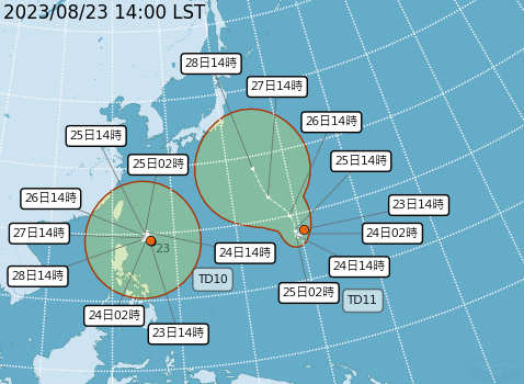目前海面上有2個熱帶低壓TD10和TD11。 圖：取自中央氣象局