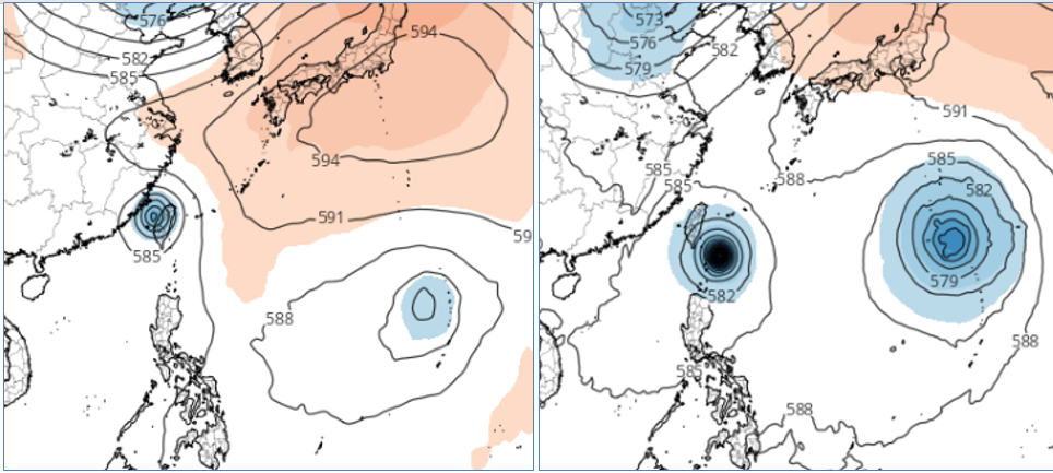 歐洲及美國模式模擬顯示，該熱帶系統在呂宋島東北方海面、滯留打轉5天後，撲向台灣；30日20時歐洲模擬已掃過台灣並進入台灣海峽(左圖)． 圖：翻攝自老大洩天機專欄
