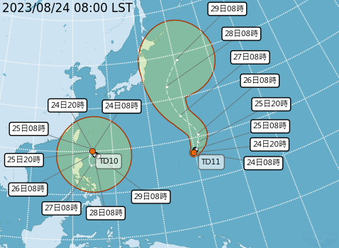 目前海面上有2個熱帶性低氣壓TD10、TD11，其中離台灣較近的TD10將在今(24)晚到明(25)晨生成第9號颱風「蘇拉」。 圖：取自中央氣象局