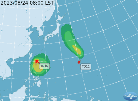 菲律賓東方海面的熱帶性低氣壓TD10及關島附近海面的TD11，不排除明起、週末假日接力生成。 圖：取自中央氣象局