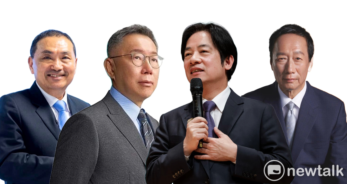 《鏡新聞》公布藍白合幕僚會後最新民調，4位熱門總統參選人支持度依序為賴柯侯郭。圖為賴清德（右２）、柯文哲（左２）、郭台銘（右１）、侯友宜（左１）。（新頭殼合成照）    圖：從左到右，取自侯友宜臉書粉專；柯文哲臉書粉專；賴清德臉書粉專；郭台銘臉書粉專。（新頭殼合成照）