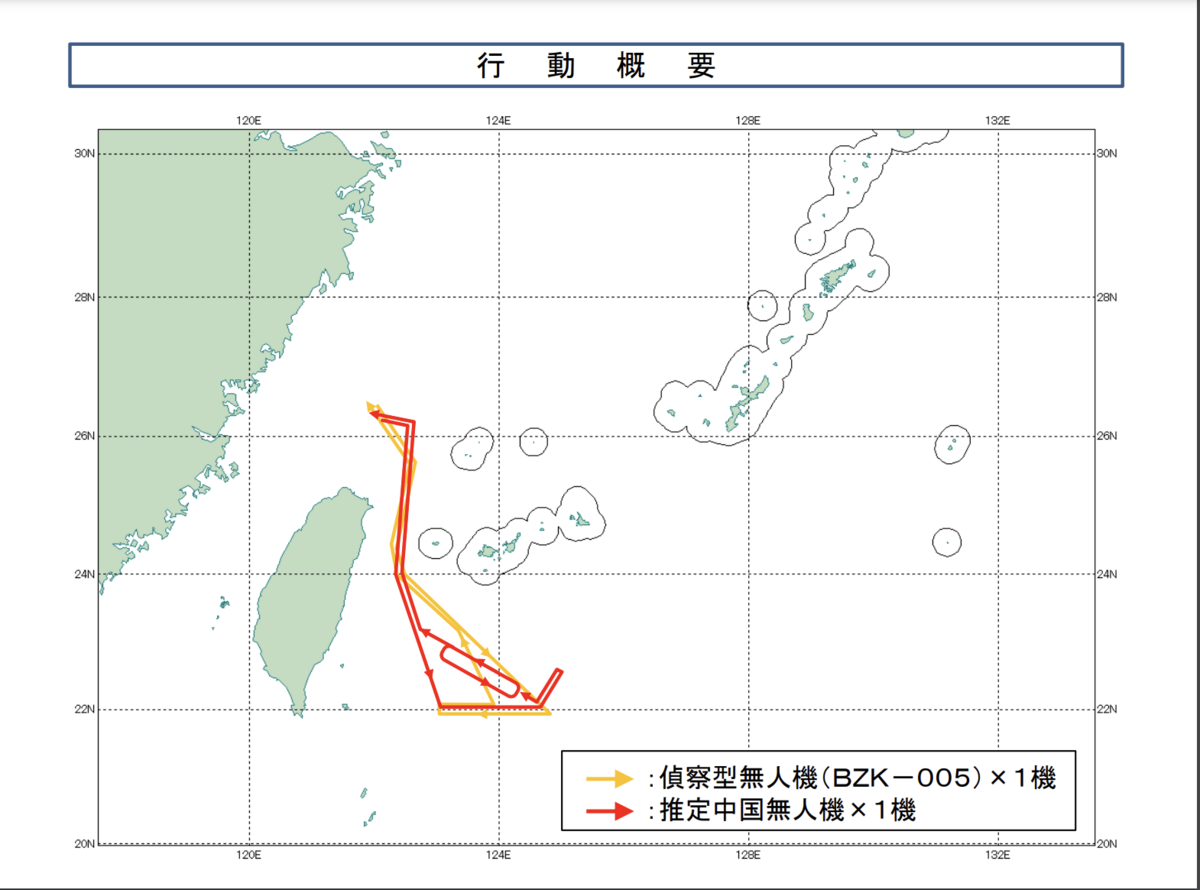 根據日本防衛省統合幕僚監部資料顯示，25 日 1 架中國軍用無人機（ BZK-005）及 1 架推斷為無人機的軍機，飛越沖繩那國島與台灣之間海域。 圖：翻攝自日本防衛省統合幕僚監部