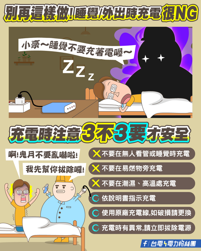 對於行動電源爆炸事件，台電也做出3不3要的提醒。 圖：取自台電臉書