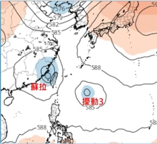 歐洲模式模擬顯示，週四(31日)20時「蘇拉」已從東南部登陸並進入台灣海峽；而關島西方海面有第3個熱帶擾動。 圖/「三立準氣象.老大洩天機」專欄(擷自tropical tidbits)