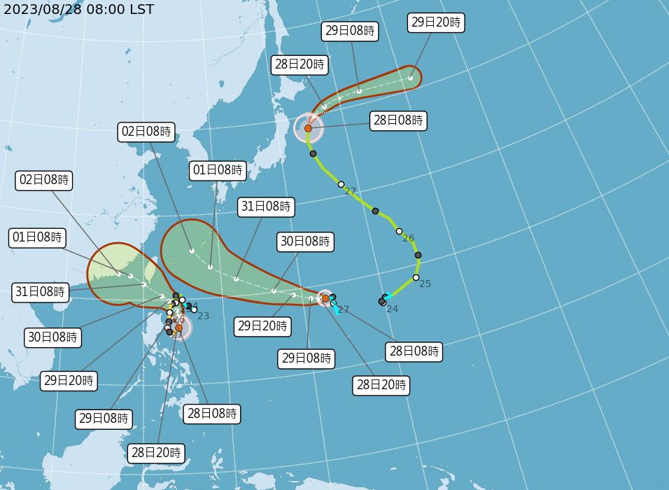 西北太平洋海面上目前有3個熱帶系統，其中海葵颱風更可能與蘇拉產生藤原效應。 圖：翻攝自中央氣象局官網