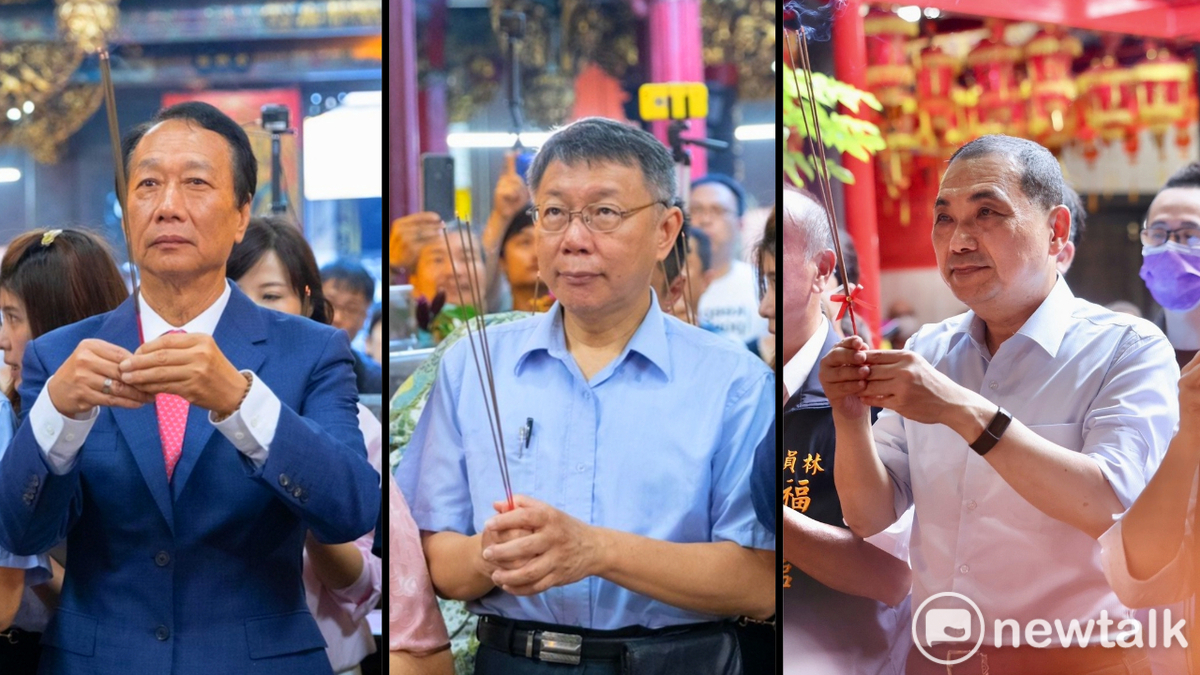 郭台銘（左）、柯文哲（中）相關爭議完全掩蓋侯友宜（右）訪美聲量，吳靜怡更指郭、柯團隊能力不足讓候選人無法專心力拚選舉。 圖：民眾黨 提供(資料照) 、侯友宜 臉書