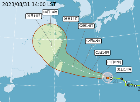 根據氣象局最新路徑，海葵路徑已明顯南修，最新路徑海葵幾乎貼著北海岸前進。 圖：取自中央氣象局