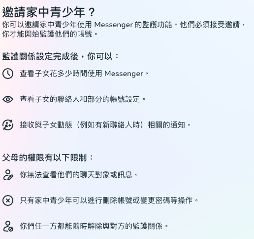 Messenger家長監護工具在今天正式上線，家長只需邀請家中青少年就可使用，不過為了維護青少年隱私，父母的權限也有3項限制。 圖：擷取自Meta「家庭中心」