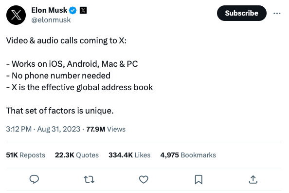 X將新增影音及語音通話功能，在iOS、Android裝置都能使用，同時也能在PC或Mac平台使用，並且用戶不需事先綁定任何電話號碼，隨時透過網路連線與「X」上的聯絡人聯繫。 圖：取自馬斯克的X
