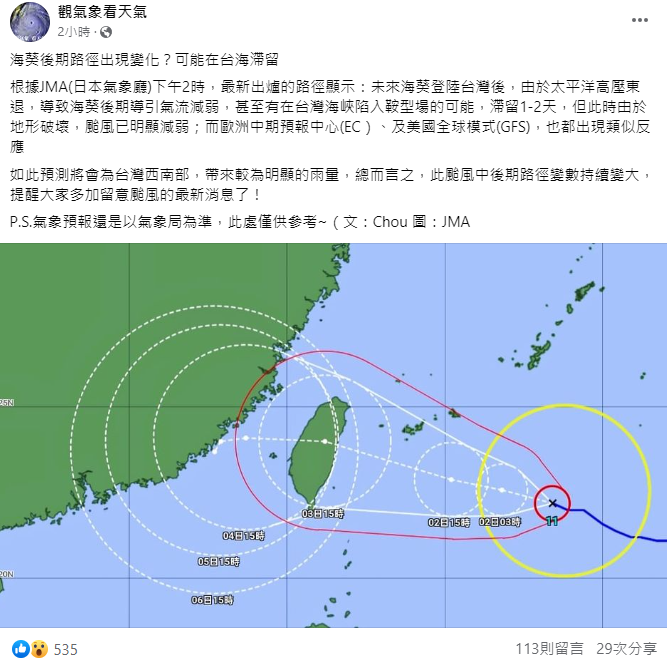 《觀氣象看天氣》表示，由於太平洋高壓東退，導致海葵後期導引氣流減弱，可能滯留台灣海峽1、2天。 圖：取自觀氣象看天氣