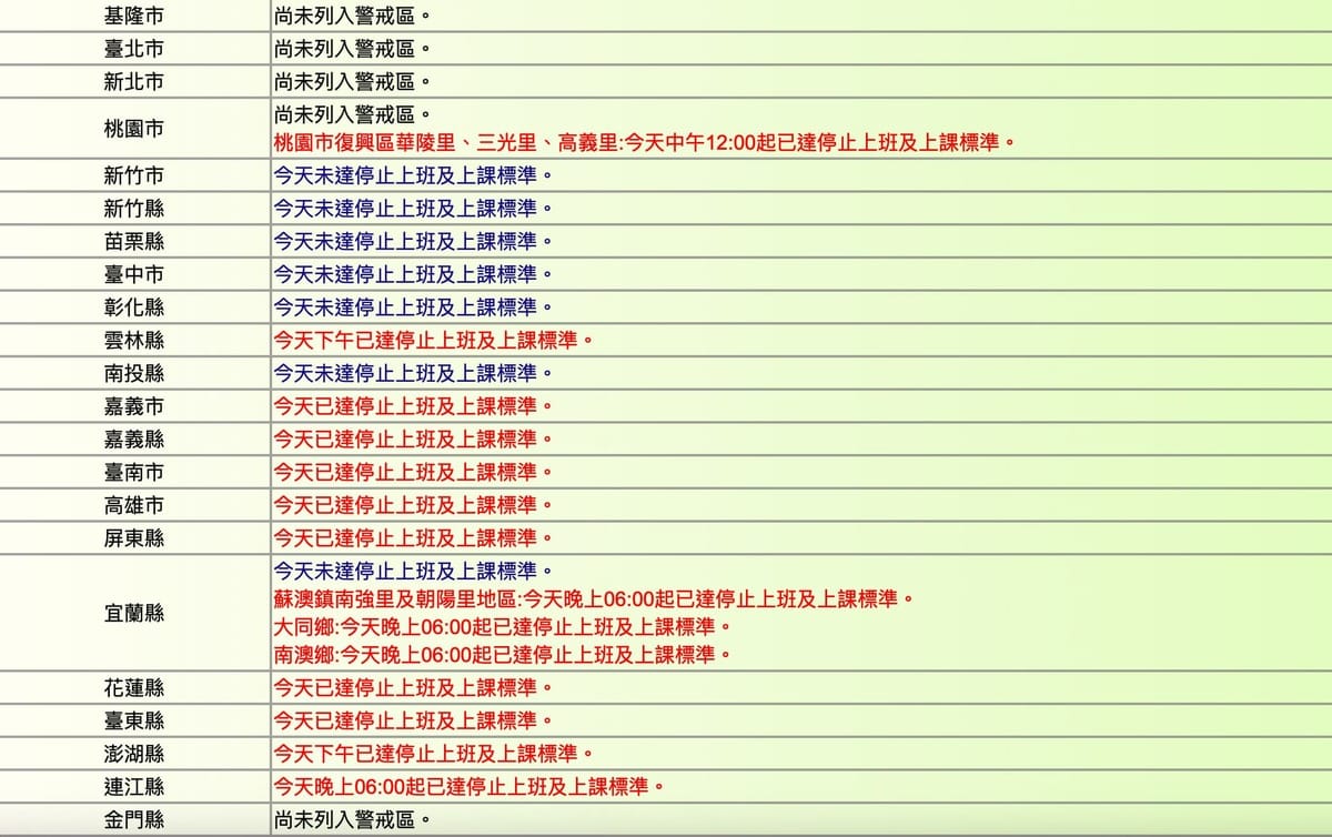 宜蘭4地區及連江縣風雨達標，晚間18時起就停止上班上課。 圖：翻攝自行政院人事行政總處官網