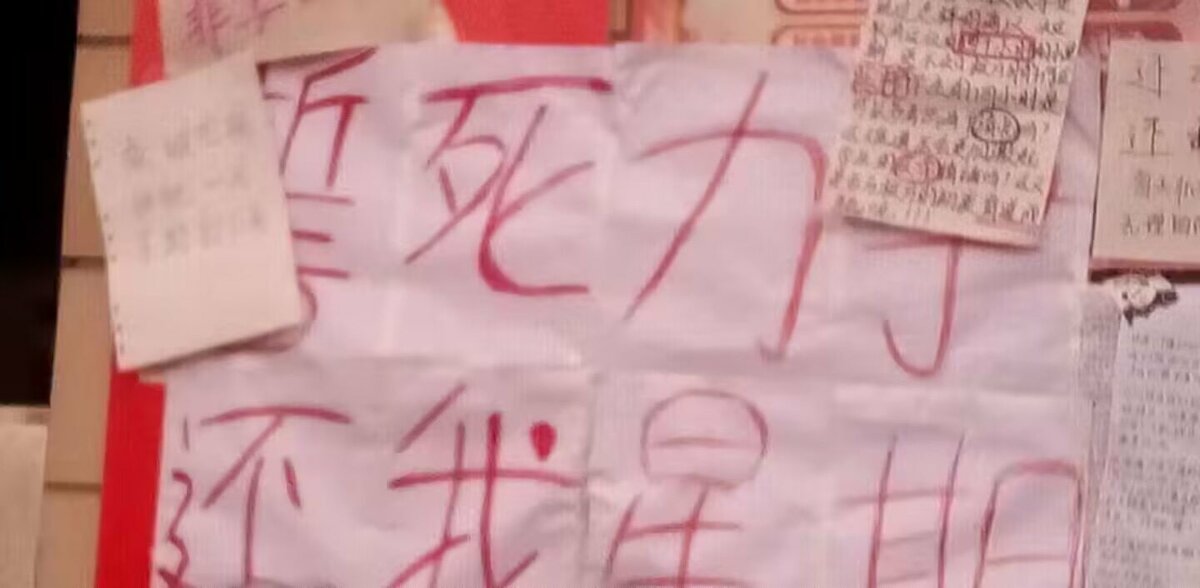 學生們在校園布告欄中貼滿「誓死力爭，還我星期」等標語，但卻遭校方以報紙等大肆遮蓋。 圖：擷取自「X」（原推特）@whyyoutouzhele