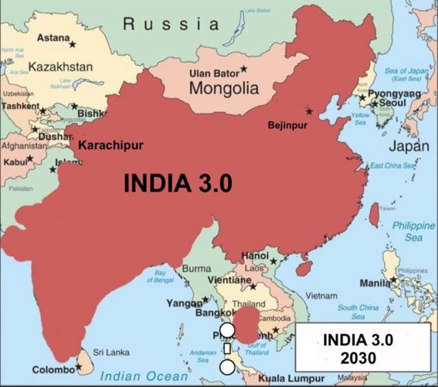 針對中國新版標準地圖併吞印度兩地區，印網友製作「3.0 版地圖」回擊，其中整個中國都成了印度「內地」。 圖：擷取自「X」（原推特）@JohnZhangSV