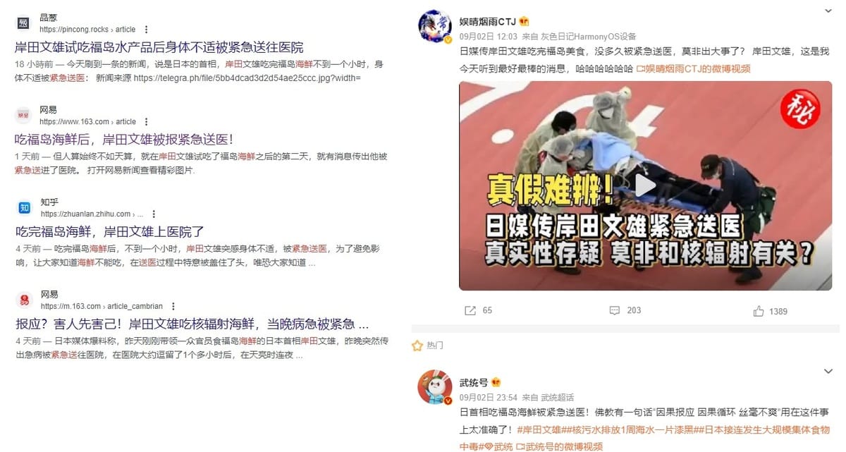 中國網路社群頻頻散播日相岸田文雄吃福島海鮮緊急住院的假消息 圖：翻攝畫面