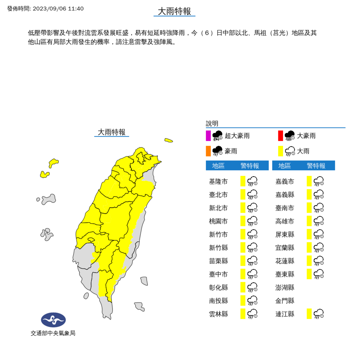 今(6)日氣象局對全台20縣市發布大雨特報。 圖：取自中央氣象局