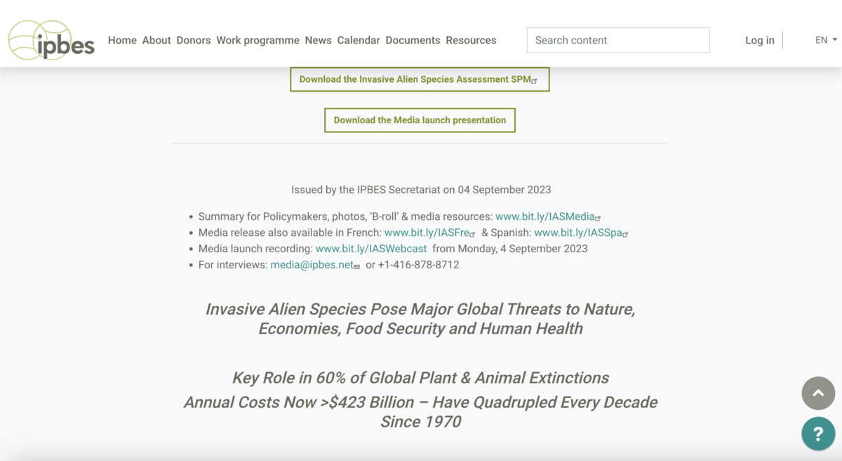 IPBES 4 日發佈一份耗時 4 年的報告指出全球外來種問題嚴重，以造成全球嚴重財損。 圖：翻攝自IPBES官網